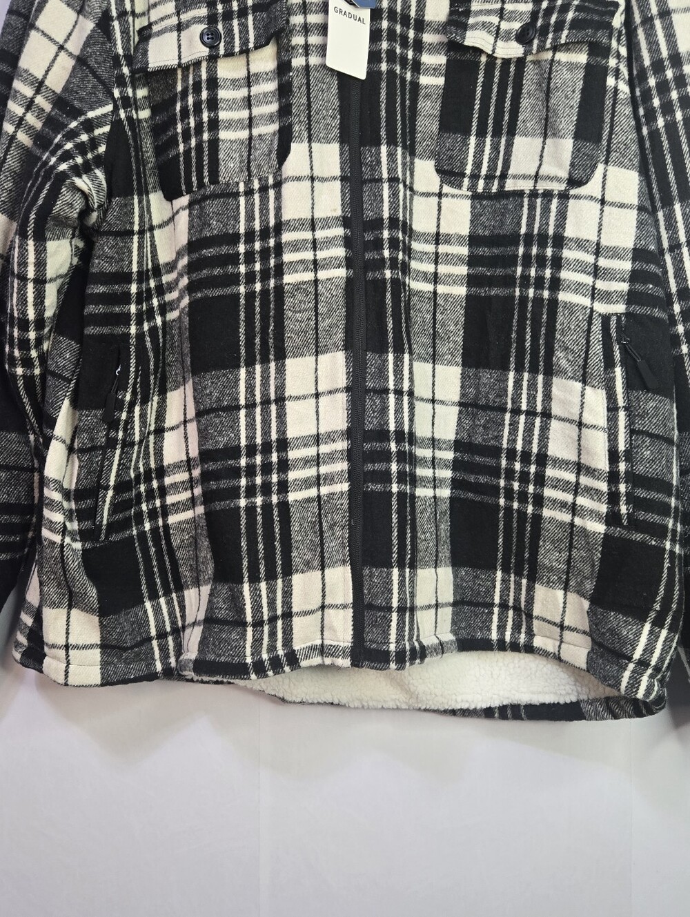 G Gradual Men Size XXL Hooded Zip Up B&W Plaid Flannel Sherpa Lined Jacket, NWT - Picture 6 of 10
